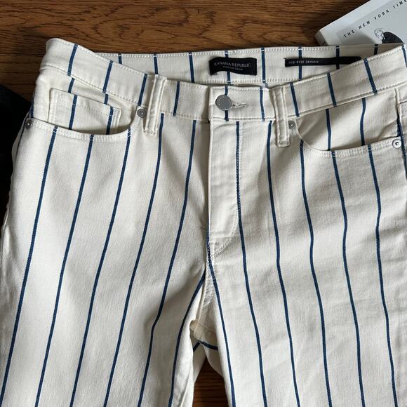 Banana Republic Mid Rise Cream & Navy Striped Skinny Jeans - Picture 3 of 8